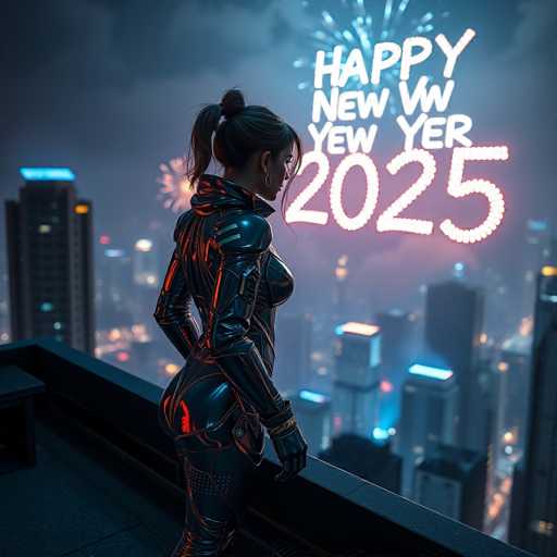 A woman stands on a rooftop at night, wearing a black jumpsuit and holding a camera. The city skyline is visible below her, with buildings of various sizes illuminated by the glow of distant lights. A large neon sign reading "Happy New Year 2025" is displayed in the background.