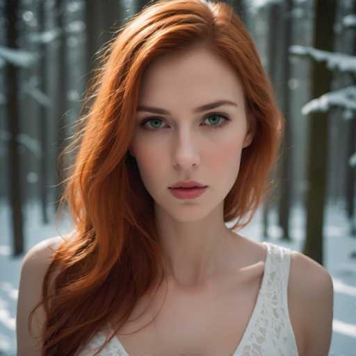 A young woman with red hair is standing in a snowy forest. She is wearing a white tank top and her long brown hair flows down her back as she gazes directly at the camera. The background features tall trees covered in snow, creating a serene winter landscape.