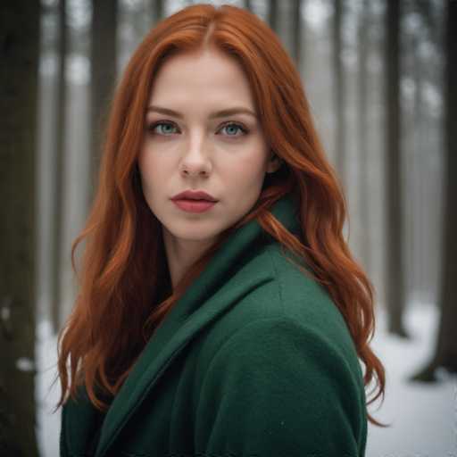 A woman with red hair is standing in a forest surrounded by trees and snow. She is wearing a green coat that contrasts with the white snow around her. The trees behind her have bare branches reaching out into the sky.