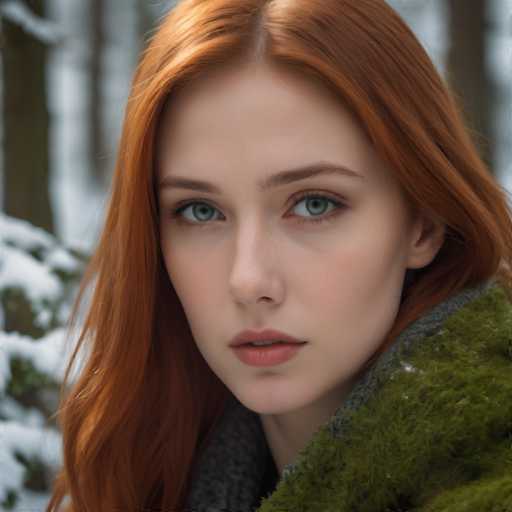 A young woman with red hair is captured in a moment of quiet contemplation in the midst of a snowy forest. She is dressed for the cold weather and her attire consists of a green sweater layered over a gray scarf. The background reveals a serene winter landscape, with snow-covered trees standing tall against the sky.