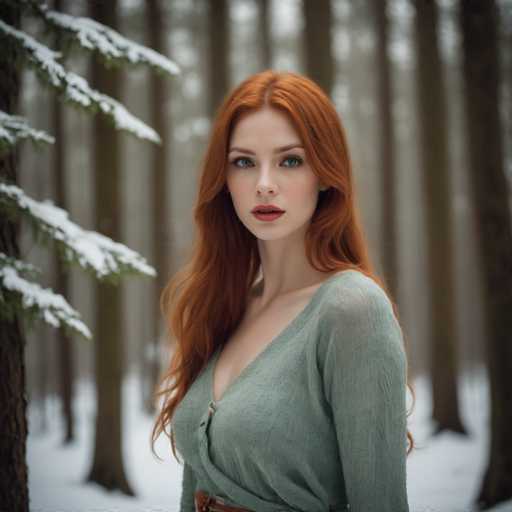 A woman with long red hair is standing in a snowy forest. She is wearing a green cardigan and has her hair styled in loose waves. The trees around her have snow-covered branches, creating a serene winter scene.
