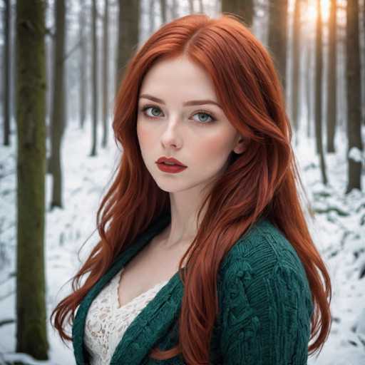 A young woman with red hair is standing in a snowy forest. She is wearing a green sweater and white lace top. The trees around her have snow-covered branches, creating a serene winter scene.