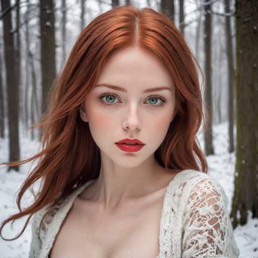 A young woman with red hair and green eyes is captured in a moment of solitude in the woods. She is dressed in a white lace top that contrasts beautifully against her fiery red hair. The trees around her are bare, suggesting it might be winter or late autumn when the photo was taken.