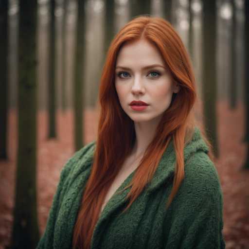 A young woman with red hair is standing in a forested area, wearing a green coat and facing the camera directly.
