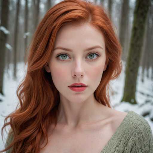 A young woman with red hair is captured in a moment of quiet contemplation in the midst of a snowy forest. Her long, flowing hair cascades down her shoulders as she gazes directly into the camera. The trees around her are blanketed in snow, creating an ethereal backdrop to this intimate portrait.