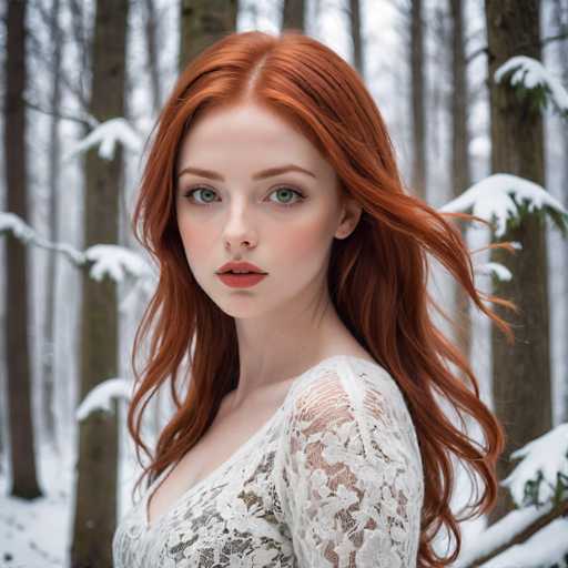 A young woman with red hair is standing in a snowy forest. She is wearing a white lace top and has her hair styled in loose waves. The trees around her have snow-covered branches, creating a serene winter landscape.