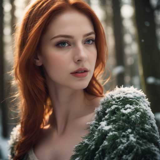 A young woman with red hair is standing in a forest surrounded by snow-covered trees and bushes. She is wearing a green coat that matches the color of the leaves on the trees around her. The woman's gaze is directed off to the side, suggesting she may be observing something or someone outside the frame.
