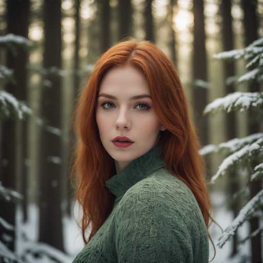 A young woman with red hair is standing in a snowy forest surrounded by tall trees and snow-covered ground. She is wearing a green sweater that contrasts with the white snow around her. The woman's gaze is directed off to the side, suggesting she may be lost in thought or simply enjoying the serene beauty of the winter landscape.