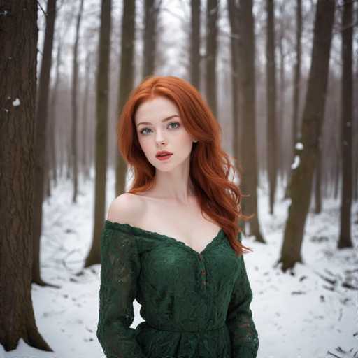 A young woman with red hair is standing in a snowy forest surrounded by tall trees and snow-covered ground. She is wearing a green lace dress that contrasts with the white snow around her. The woman's gaze is directed straight at the camera, creating an engaging portrait.