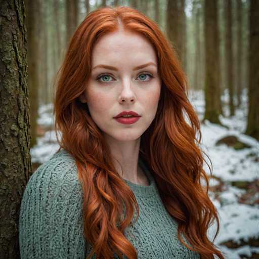 A woman with long red hair is standing against a tree trunk in a forest setting. She is wearing a blue sweater and has striking green eyes that contrast with her fiery red hair. The background features tall trees covered in snow, creating a serene winter landscape.