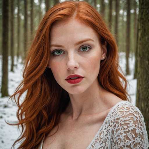 A woman with red hair and green eyes is standing in a forest surrounded by trees. She is wearing a white lace top that contrasts with her fiery red hair. The background is blurred, but the presence of trees suggests she might be in a wooded area or near a trail.