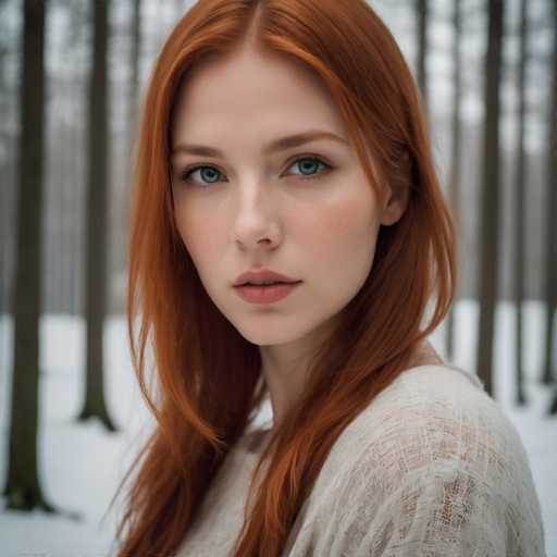 A young woman with red hair is standing in a snowy forest. She is wearing a white sweater and her long brown hair flows down her back as she gazes directly at the camera. The trees behind her are tall and bare, creating an atmosphere of solitude and tranquility.