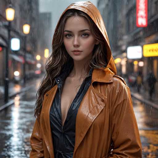 A woman stands on a wet city street at night, wearing an orange raincoat and black boots with her hair pulled back into a ponytail. The street is slick from recent rainfall, reflecting the glow of nearby streetlights that cast a soft light over the scene.
