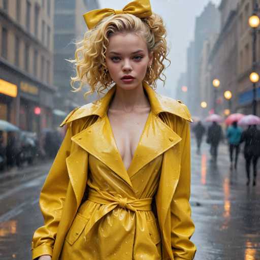 A woman with blonde hair is walking down a rain-soaked street wearing a yellow raincoat and matching yellow bow in her hair. She carries a black umbrella as she walks past buildings on the right side of the image.