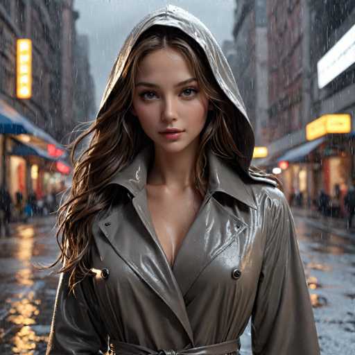 A woman with long brown hair is walking down a rain-soaked street at night. She's wearing a gray hooded jacket and has her hair pulled back into a ponytail. The background features buildings on either side of the street, their windows glowing warmly against the cool, rainy night.
