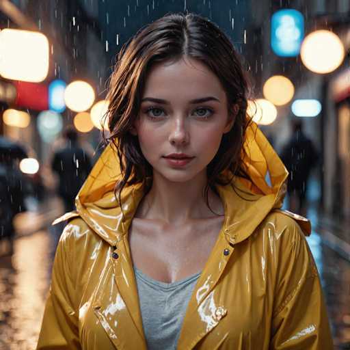 A young woman with long brown hair is standing on a wet street at night, wearing a yellow raincoat and holding an umbrella. The background features the glow of city lights and buildings, creating a contrast between the dark sky above and the illuminated urban landscape below.