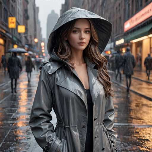 A woman stands on a rain-soaked street, wearing a gray raincoat and holding an umbrella over her head. The background is filled with the hustle and bustle of city life, including people walking along the sidewalk under umbrellas and buildings lining the street.