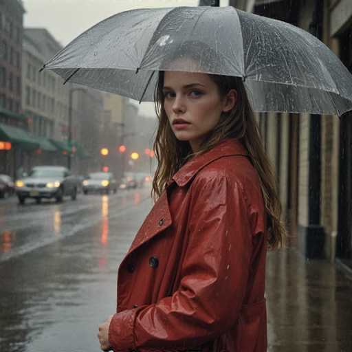 A young woman stands on a wet sidewalk holding an open umbrella and wearing a red raincoat with her hair pulled back into a ponytail. The background shows cars driving by and buildings lining the street.