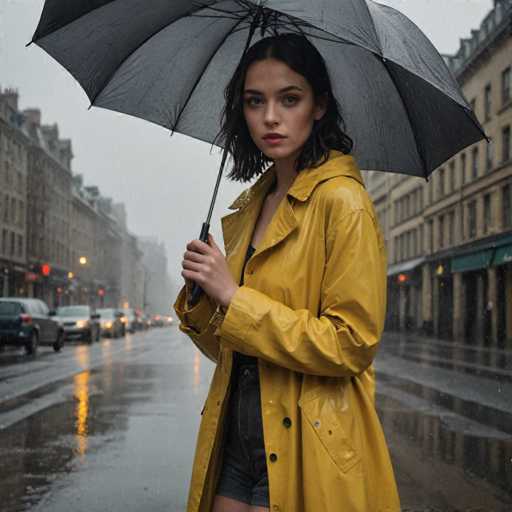 A young woman stands on a wet city street holding an umbrella and wearing a yellow raincoat with black shorts underneath it.