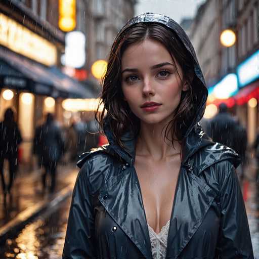 A woman stands on a rain-soaked street at night, wearing a black hooded jacket and white lace bra under it. The wet pavement reflects the surrounding lights, creating a mirror image of the cityscape behind her.