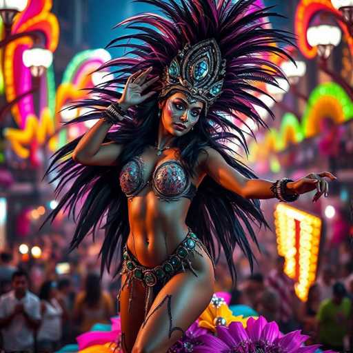 A woman is performing on stage as a dancer wearing a headdress and a bikini top with her arms outstretched. The background features colorful lights and other performers, suggesting the scene takes place at a carnival or similar event.