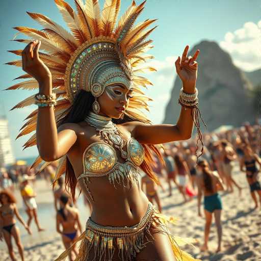 A woman is dancing on a beach with her arms raised high and wearing a gold headdress adorned with feathers. The background shows people walking along the shoreline and buildings visible in the distance.