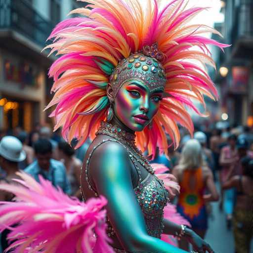 A woman is standing on a street wearing a vibrant and colorful costume that includes feathers and jewels. She has striking blue eyes and painted lips, adding to the overall festive atmosphere of the scene. The background shows other people walking around in various outfits, suggesting a lively event or parade taking place.