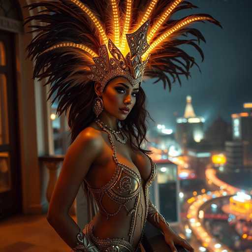 A woman is standing on a balcony at night, wearing a large headdress and a gold dress with intricate beading. The city lights below her create a stunning backdrop for the scene.