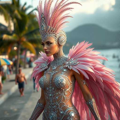A woman is walking on a sidewalk wearing a pink and silver costume with large feathers and a headdress adorned with jewels. The background features palm trees and the ocean under a clear blue sky.