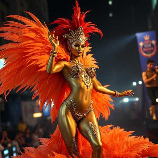 A woman is performing on stage wearing a gold and orange costume with large feathers that extend from her shoulders down to her feet. She has a red headdress adorned with gold accents and is holding a microphone in one hand while the other hand is raised in the air. The background features a blue banner with white text, but it's not clear what the text says.