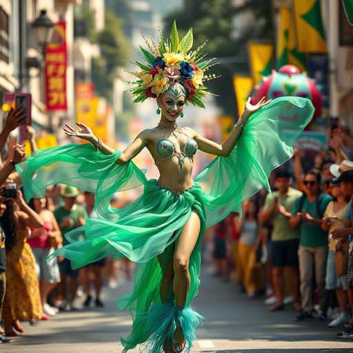 A woman is dancing on a street during a parade. She is wearing a green dress and has a flower crown on her head. The crowd around her is clapping and taking photos of the performance.