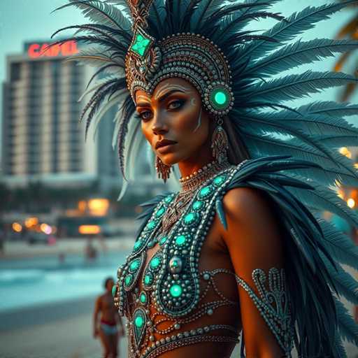 The image shows a woman wearing a large headdress and a costume with intricate beadwork and feathers. The background features a beach scene with people enjoying the day under the sun.