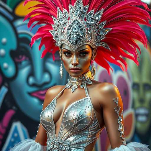 The image shows a woman wearing a silver and gold headpiece with a large feather at the top of her head. She is dressed in a silver dress that has a floral pattern on it. The background features colorful graffiti art, including a face painted on one wall and another mural on the opposite wall.