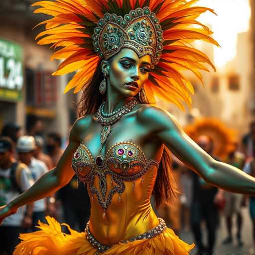 A woman is dancing on a street wearing an elaborate costume with gold and red jewels that includes a headdress adorned with feathers. The background shows buildings and people walking around the area.