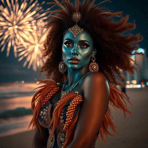 A woman with long brown hair and a blue headband is standing on a beach at night, wearing an orange and gold costume that includes feathers and beads. The background features fireworks exploding in the sky, creating a festive atmosphere.