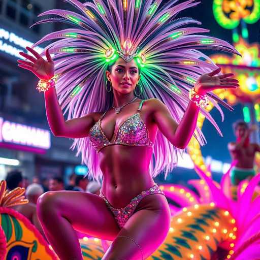 A woman is performing on stage wearing a purple headdress and pink bikini bottoms with green and yellow lights illuminating her from above.