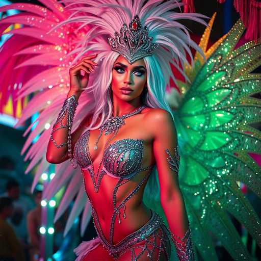 A woman is standing on stage wearing a silver and gold costume with feathers and a large headdress. She has blonde hair styled into a high bun and is holding her hand up to her face in front of the camera. The background features pink and green lights that create a vibrant atmosphere, and there are blurred figures visible in the distance.