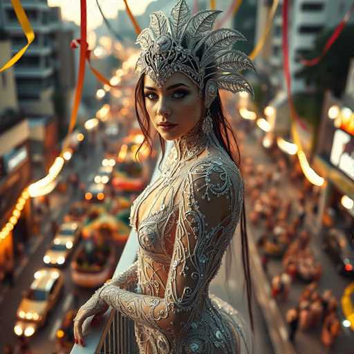 A woman stands on a balcony overlooking a busy city street below her. She is wearing an ornate headpiece and a dress with intricate beading and embroidery. The background shows the hustle and bustle of city life, including cars and buildings in various shades of yellow, white, and red.