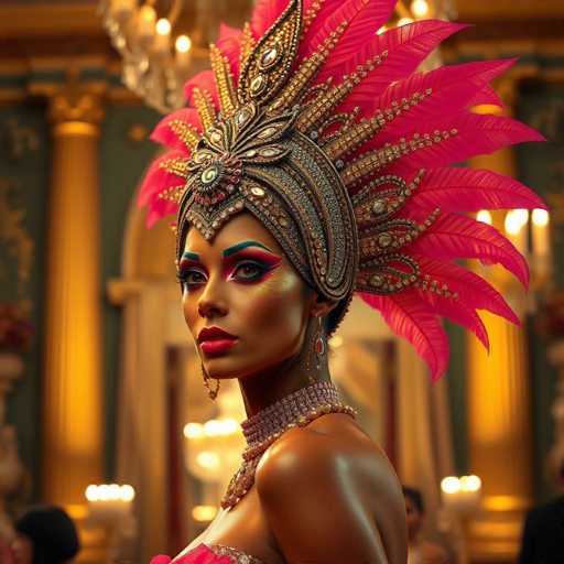 A woman is the central figure in this image. She is wearing a large feathered headdress and a pink dress with gold accents. The background features a green wall adorned with gold columns that add an elegant touch to the scene.