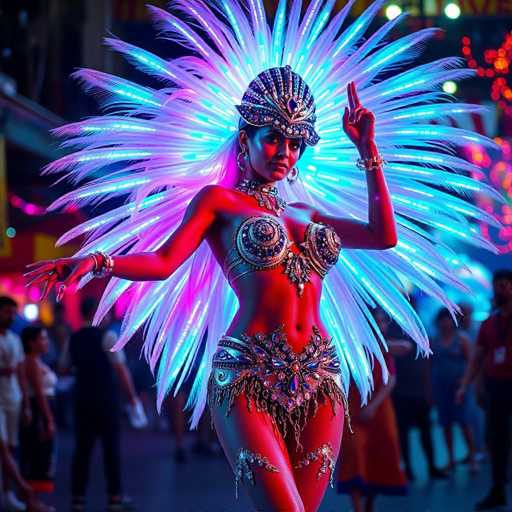 A woman is performing on stage with a large feathered headdress and a shimmering costume that includes a silver bodysuit adorned with jewels. The background features neon lights and other performers in the audience.