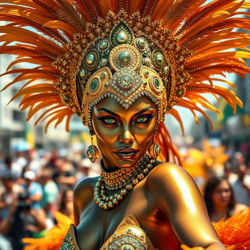 A woman is wearing an ornate gold headdress and a gold feather boa during a parade or festival. She has her arms outstretched as she stands amidst the crowd of people who appear to be watching her with interest. The background is blurred, but it suggests that there are buildings visible in the distance.