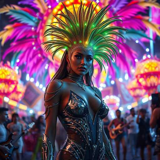 A woman is standing in front of a large pink and yellow lighted structure with her arms crossed over her chest. She is wearing a black dress adorned with silver sequins that glimmers under the lights. The background features other people dressed in colorful costumes, suggesting this could be a carnival or festival setting.