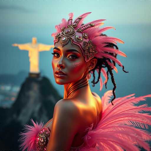 A woman is standing against a backdrop of a statue and a mountain range. She is wearing a pink feathered headdress that has gold accents and a large flower on it. The woman's hair is styled in loose waves, and she is looking directly at the camera with an expression of concentration.