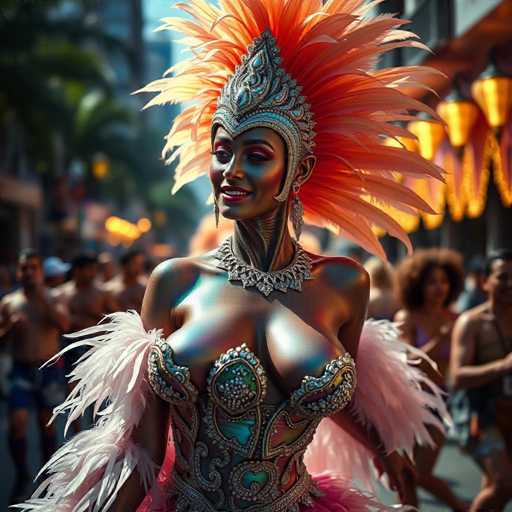 A woman is dancing on a street during carnival time. She is wearing an ornate costume with feathers and jewels that glisten under the sunlight. The costume includes a headpiece adorned with gold and blue feathers, and she has her hair styled in an elaborate updo. The background shows buildings lining the street, suggesting an urban setting for this festive event.