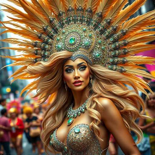 The image shows a woman wearing a large headdress and a gold and green necklace with a large pendant. She is standing on the street, surrounded by other people who appear to be in motion or engaged in various activities. The background of the image reveals that they are in an urban setting, possibly during a parade or festival.