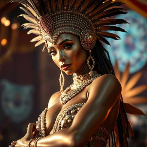 A woman is seen from behind with a gold headdress and necklace on her head. She has long hair that falls down past her shoulders. The background features a blue wall adorned with a circular pattern.