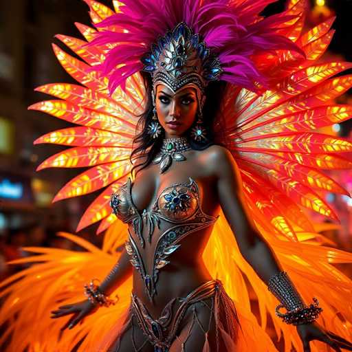 A woman is standing on a stage wearing a vibrant costume with an orange and pink headdress adorned with blue jewels that sparkles under the stage lights. She has her arms outstretched as if she's about to perform or dance. The background of the image shows a city street at night, with buildings illuminated by bright lights.