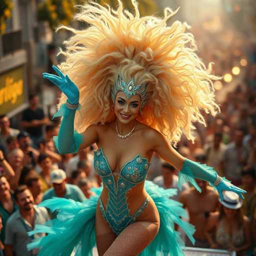 A woman is performing on stage wearing a blue and gold costume with a large headdress that has feathers attached to it. She is holding a sign and smiling at the camera while standing on a platform in front of a crowd of people who are watching her performance.