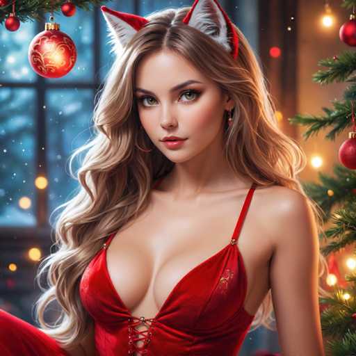 The image depicts a woman with blonde hair wearing a red dress and white earrings, sitting next to a Christmas tree decorated with red and gold ornaments. The background features a window with snowflakes falling outside.