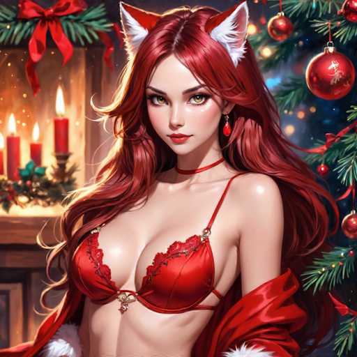 The image depicts a woman with red hair and white ears wearing a red bra and a Santa Claus outfit. She is standing next to a Christmas tree decorated with red and gold ornaments and red candles. The background features a fireplace with a wreath on the mantel.